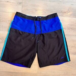 Speedo Mens Swim‎ Trunks Shorts Black Blue Aqua Large L Drawstring